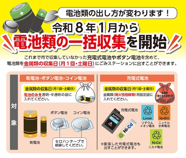 令和8年1月から電池類の一括収集を開始します
