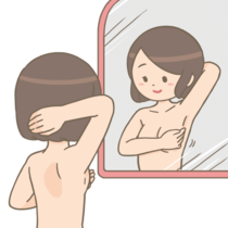 鏡の前で「見て」チェックをしている女性のイラスト