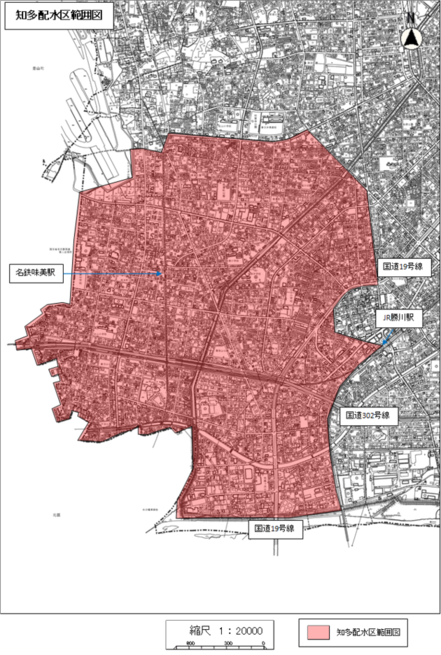 知多配水区を地図上で色分けして表示しています。