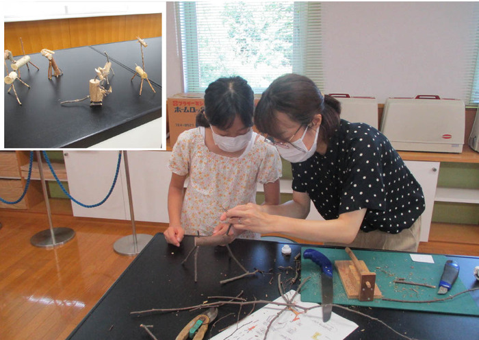 以前の親子講座の様子と小枝で作成したた可愛い動物たち